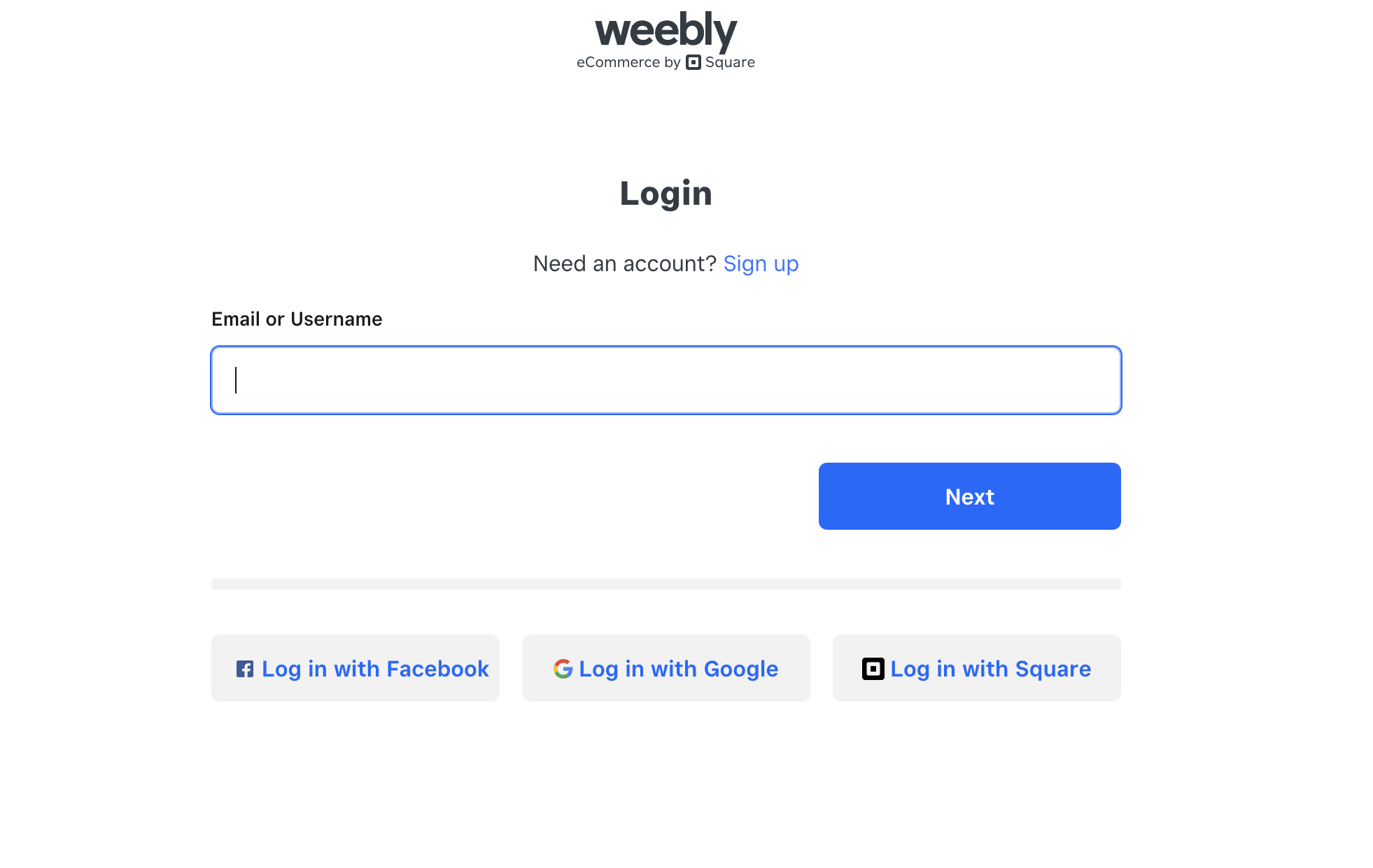 A screenshot of the Weebly login form, showing a blank email input.