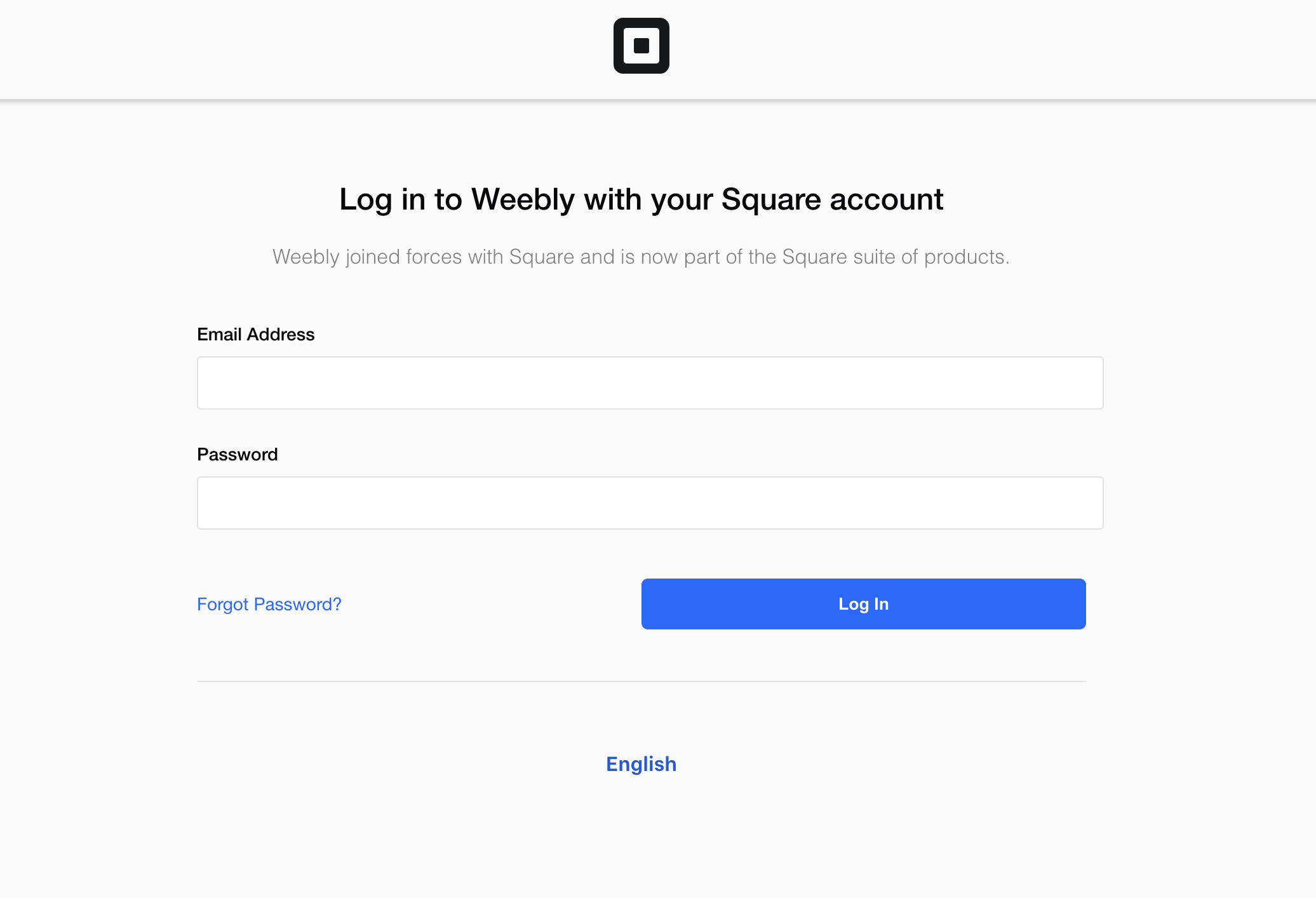 A screenshot of the Square Online form, which the user goes to after entering the Weebly login. The Square online form has an Email Address and Password field.