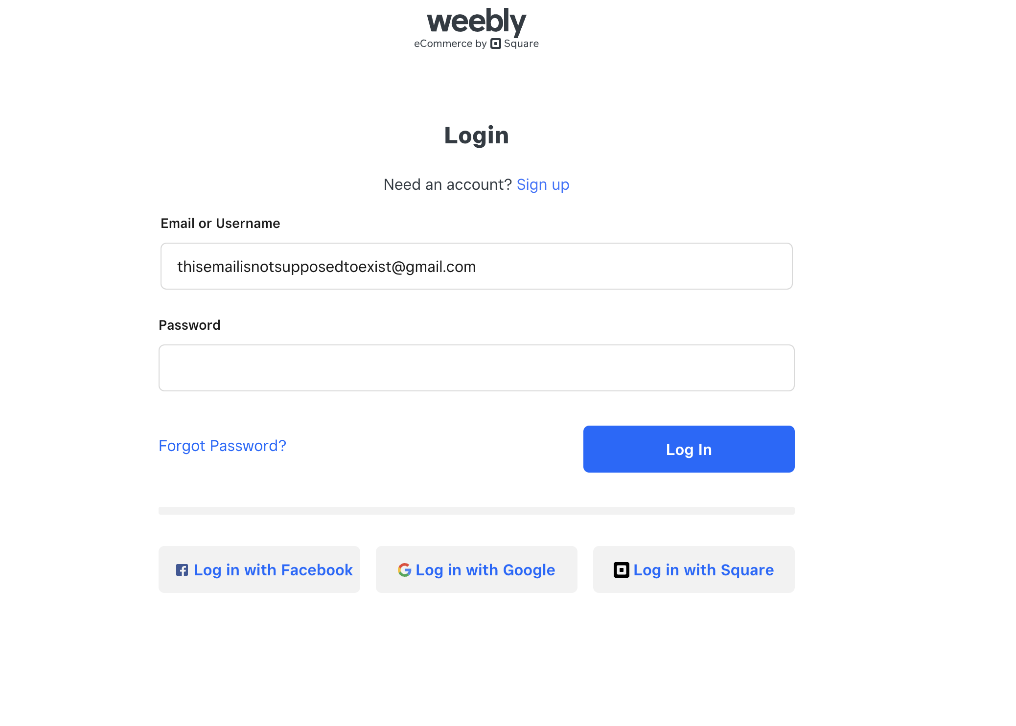 A screenshot of the second version of the Weebly login field where a new password field appeared after the user typed in their email address.